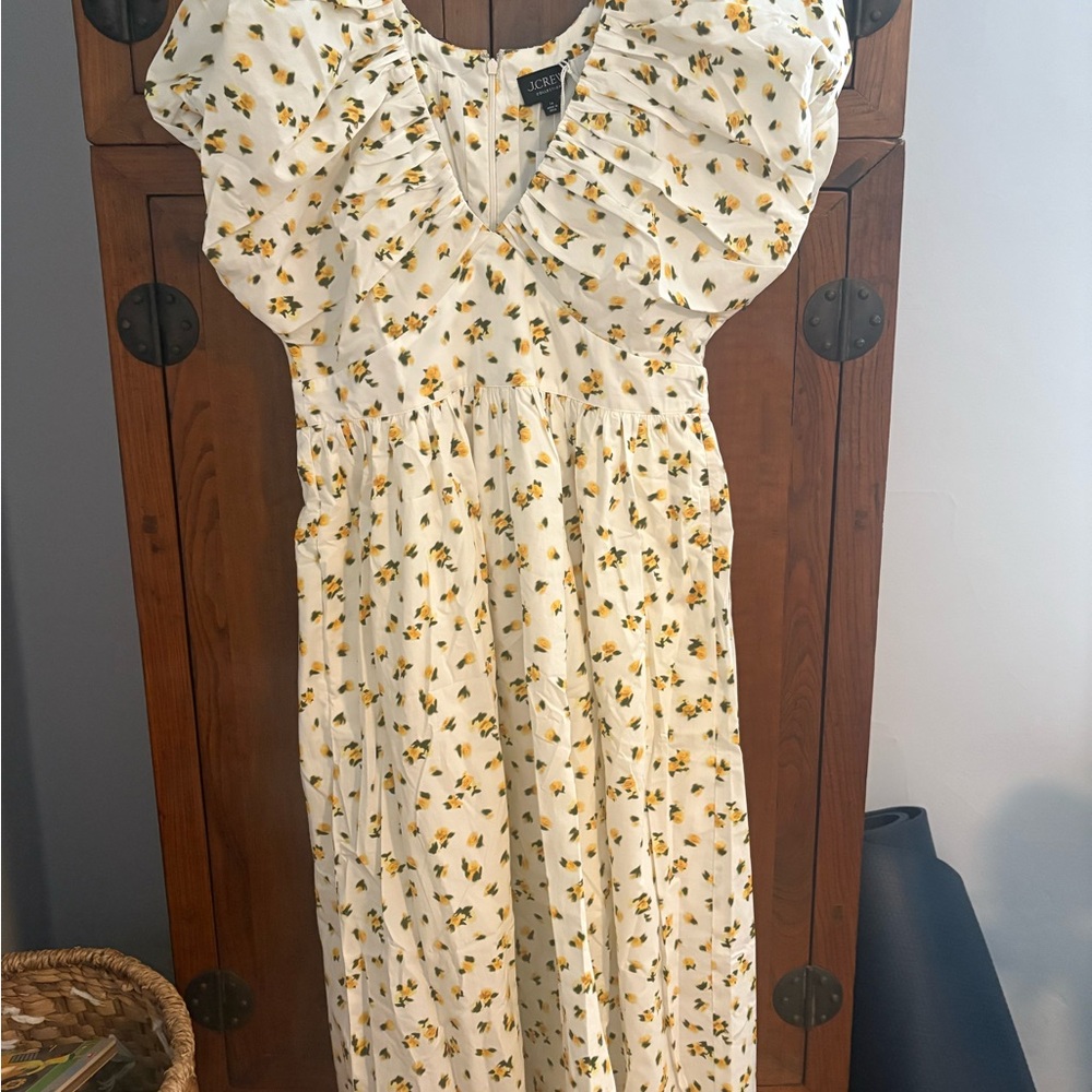 J. Crew White Midi Dress with Yellow Floral Pattern
